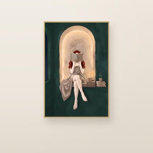 Red-haired woman reading in an emerald green arched nook. Emerald green printable wall art shown framed on a plain wall.