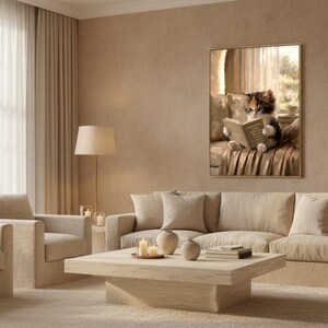 Wide view of a neutral living room with the kitten reading print framed on the far wall above a low sofa and soft daylight from tall windows