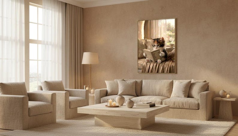 Wide view of a neutral living room with the kitten reading print framed on the far wall above a low sofa and soft daylight from tall windows