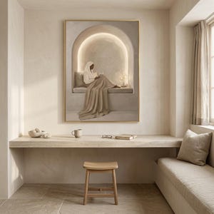May include: A rectangular wall art print featuring a person wearing a white head covering and a long beige robe, sitting inside a glowing arched alcove while reading a book. The artwork uses a neutral color palette of cream, beige, and soft brown.