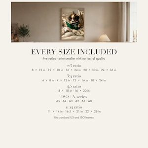Print size chart showing every included ratio and dimension for this digital wall art download
