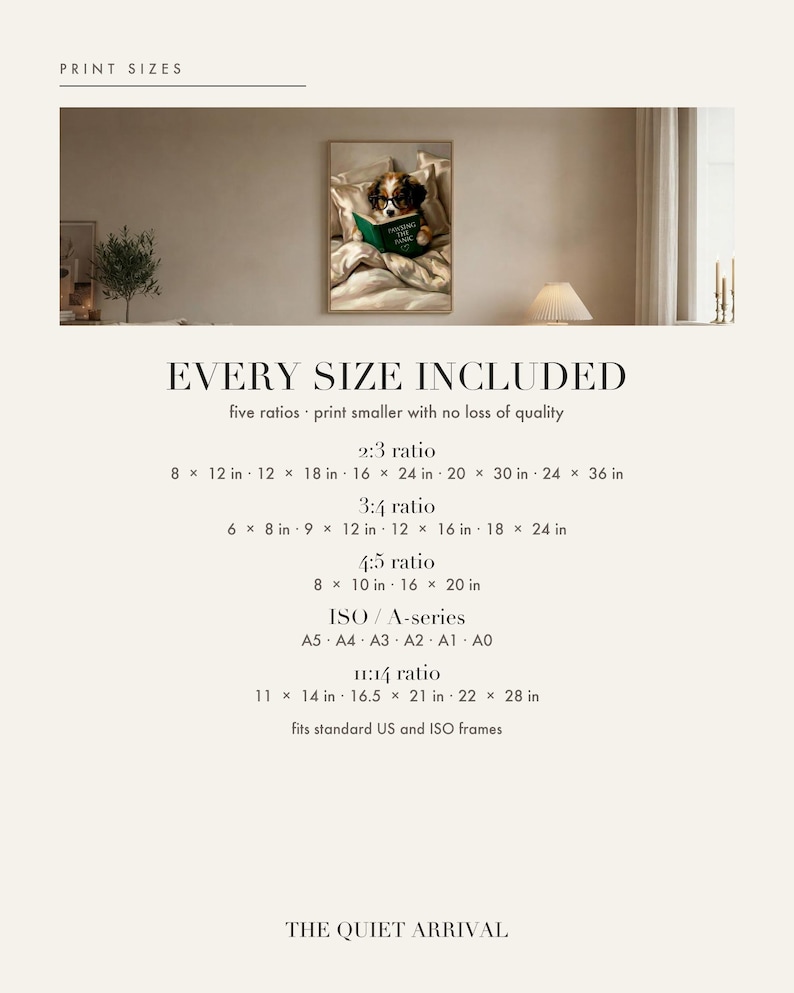 Print size chart showing every included ratio and dimension for this digital wall art download