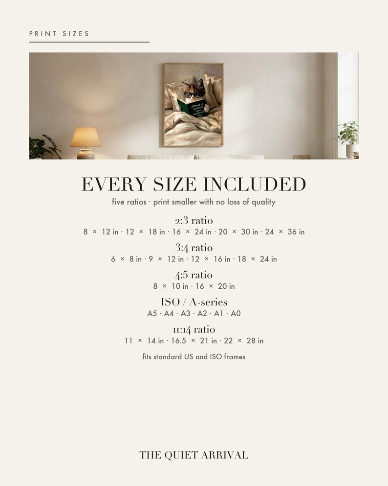 Print size chart showing every included ratio and dimension for this digital wall art download