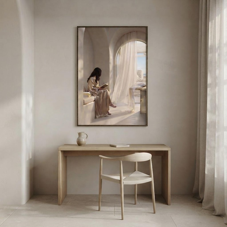 The soft hours print framed as the focal point of a calm neutral interior. neutral printable wall art, minimalist home decor, Japandi style, calm living room and bedroom decor, slow living digital download.