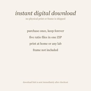 Digital download information card explaining instant access to five ratio ZIP files and personal-use terms.