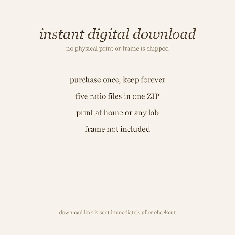 Digital download information card explaining instant access to five ratio ZIP files and personal-use terms.