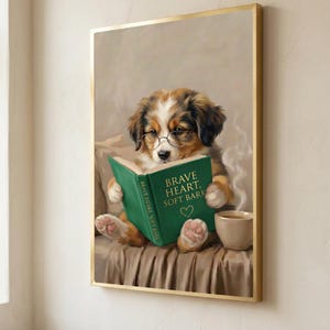 Close view of the puppy print in a thin gold frame, the art filling the frame edge to edge