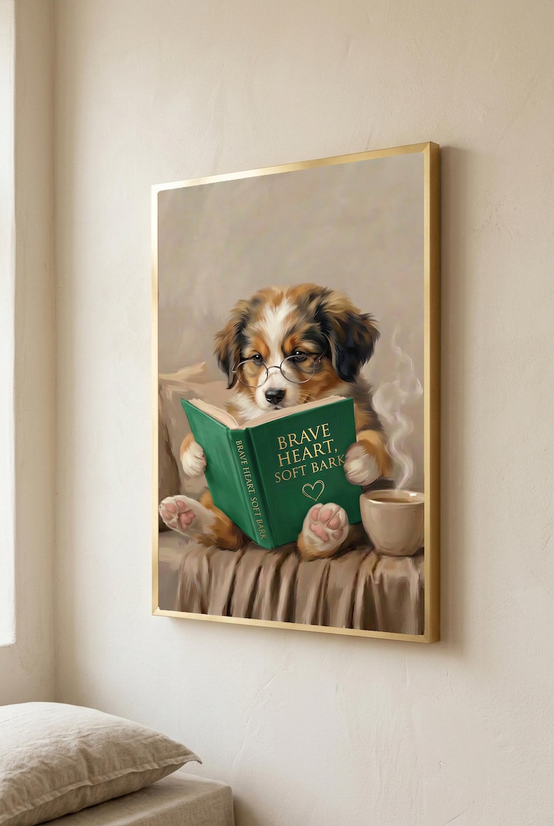 Close view of the puppy print in a thin gold frame, the art filling the frame edge to edge