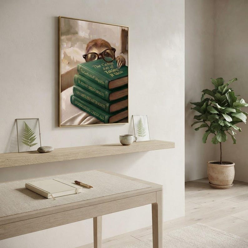 Sloth in round glasses peeking over books print framed above a restrained workspace with pale walls and a natural linen chair