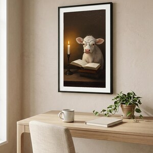 Framed print of a white calf in round glasses reading a book, above a light wood desk with a mug and a plant