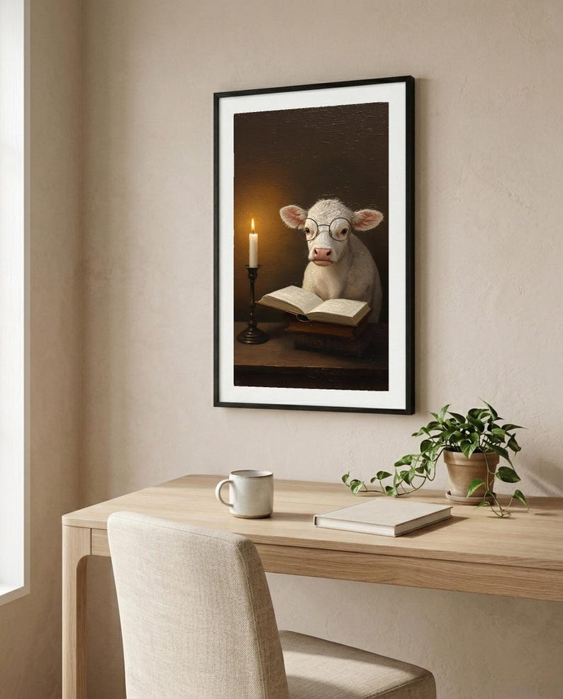 Framed print of a white calf in round glasses reading a book, above a light wood desk with a mug and a plant