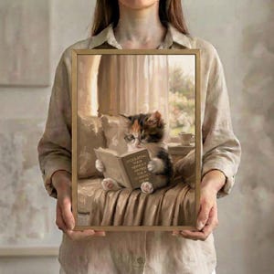 A person in a linen shirt holding the cat reading art print in a slim gold frame against a soft neutral background