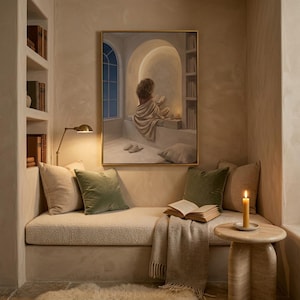 Woman reading nook wall art in a contained reading corner with a cushioned seat, soft plaster arch, and a thin gold frame, no mat.