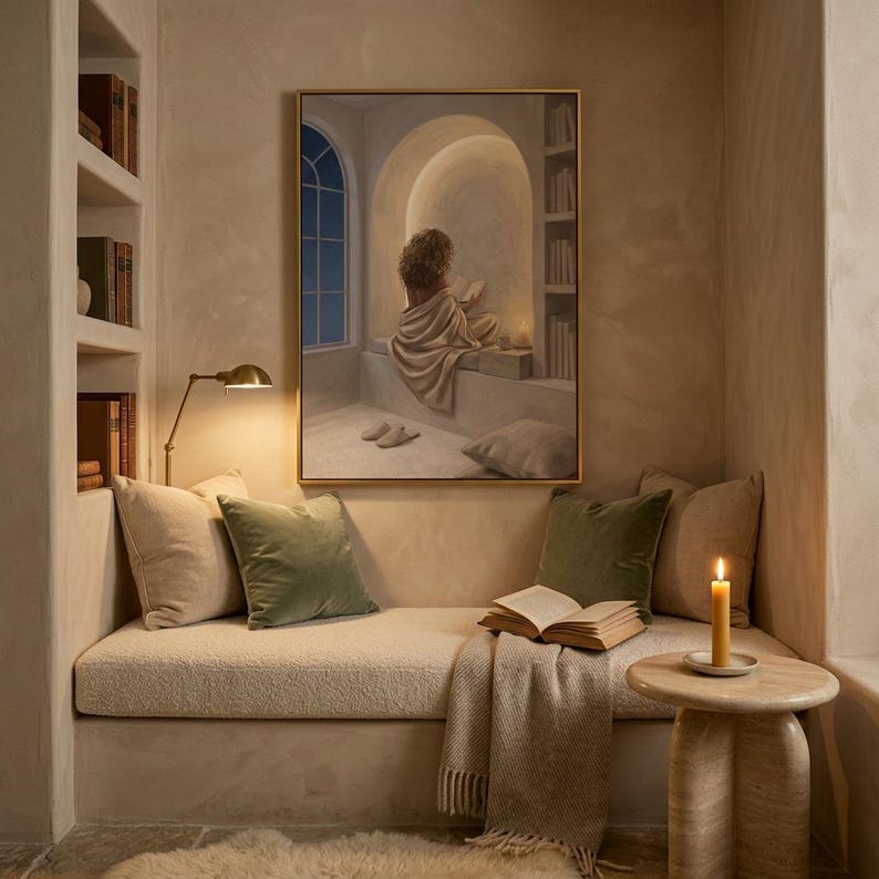 Woman reading nook wall art in a contained reading corner with a cushioned seat, soft plaster arch, and a thin gold frame, no mat.