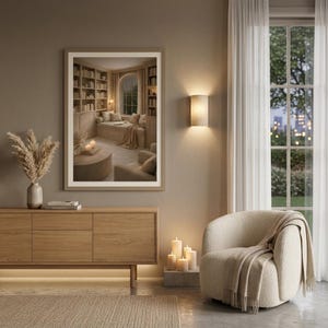 Reading nook wall art printable above light oak console with white armchair and wall sconce, neutral japandi library print mockup