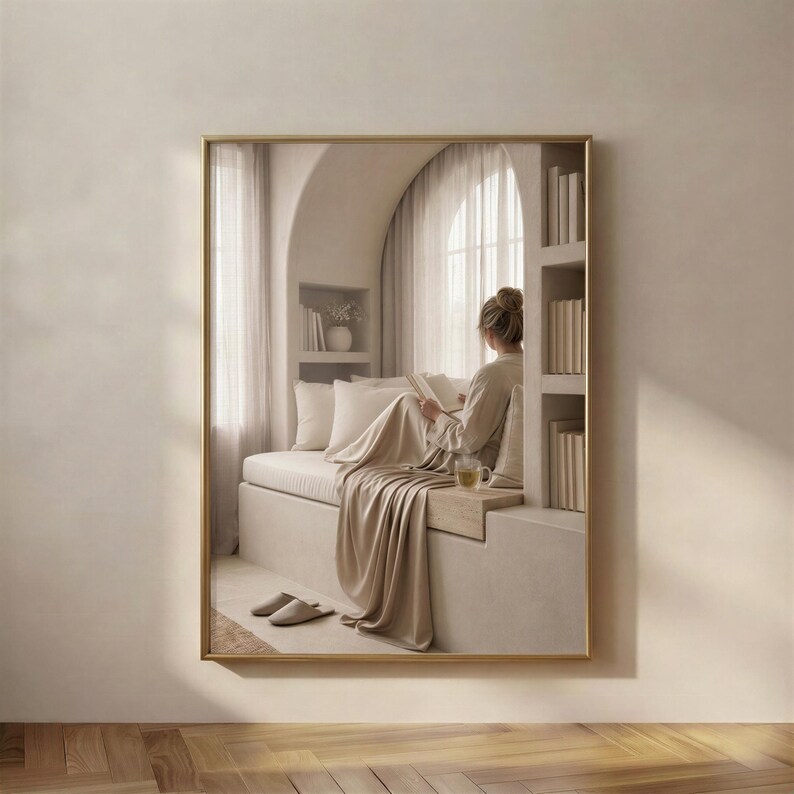 Window Seat print in a gold frame: a woman reading on a cushioned window seat beside a sheer curtain and built-in bookshelves, slippers on the rug below.