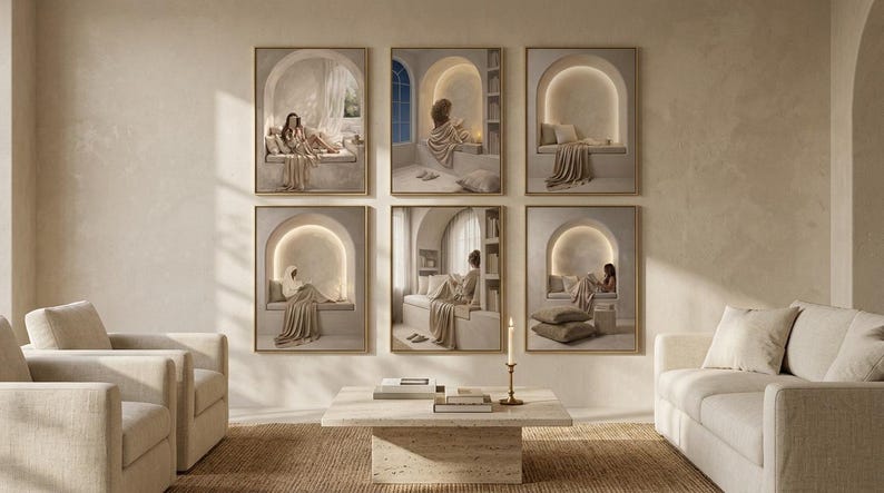 Wide view of the six-print beige reading nook gallery wall in a living room, between two cream armchairs and a sofa, with a brass candlestick on a travertine table.