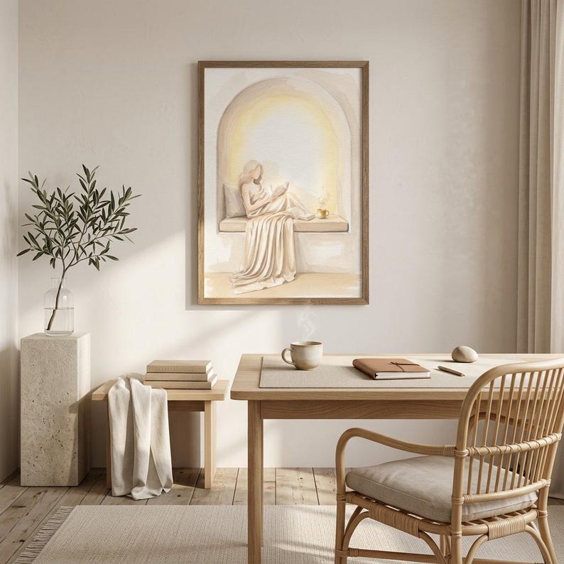 Neutral woman reading nook art in a restrained workspace with pale walls, natural linen textures, and a thin gold frame, no mat.