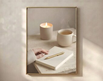 Evening Journal Ritual Print, Calm Desk Still Life, Neutral Beige Home Office Decor (Download)