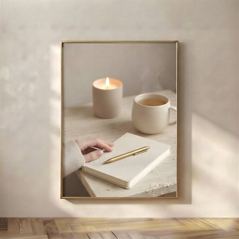 Evening journal ritual wall art printable in gold frame with hand writing in notebook, neutral beige home office decor, slow living digital download