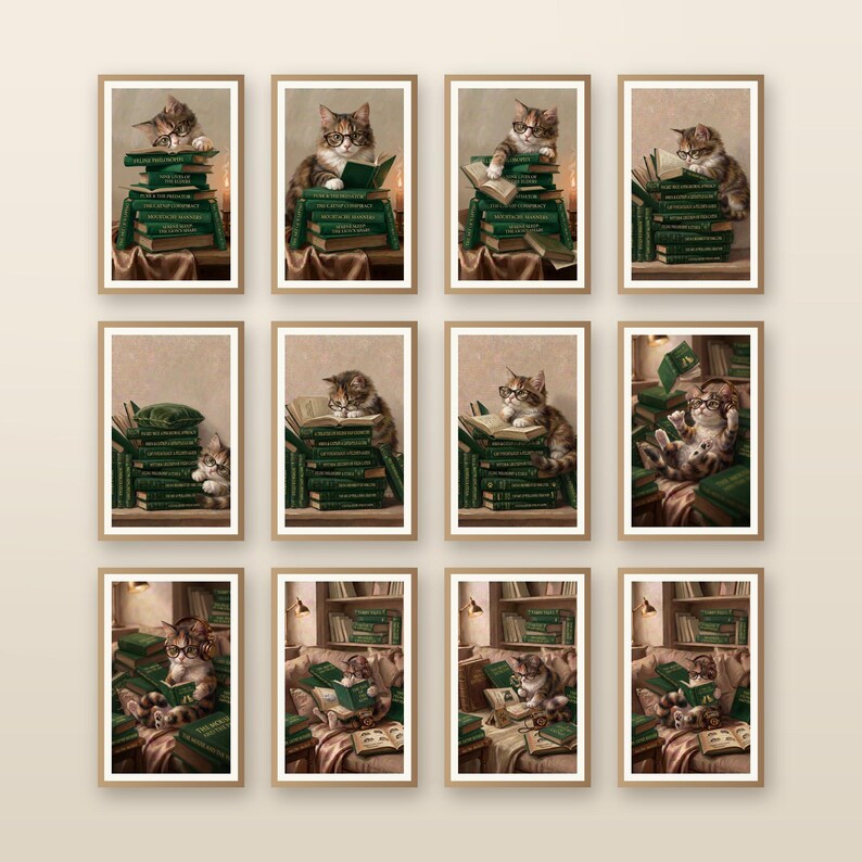 Twelve framed cat reading illustrations in a gallery wall layout on a warm neutral wall, showing calico cats in glasses reading among stacks of dark green books.
