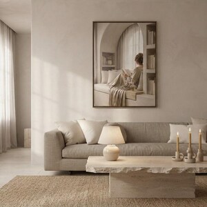 The permission to breathe print framed as the focal point of a calm neutral interior. neutral printable wall art, minimalist home decor, Japandi style, calm living room and bedroom decor, slow living digital download.