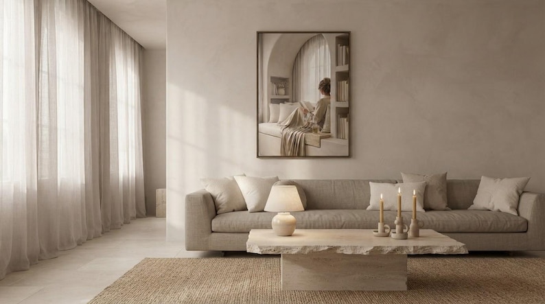 The permission to breathe print framed as the focal point of a calm neutral interior. neutral printable wall art, minimalist home decor, Japandi style, calm living room and bedroom decor, slow living digital download.