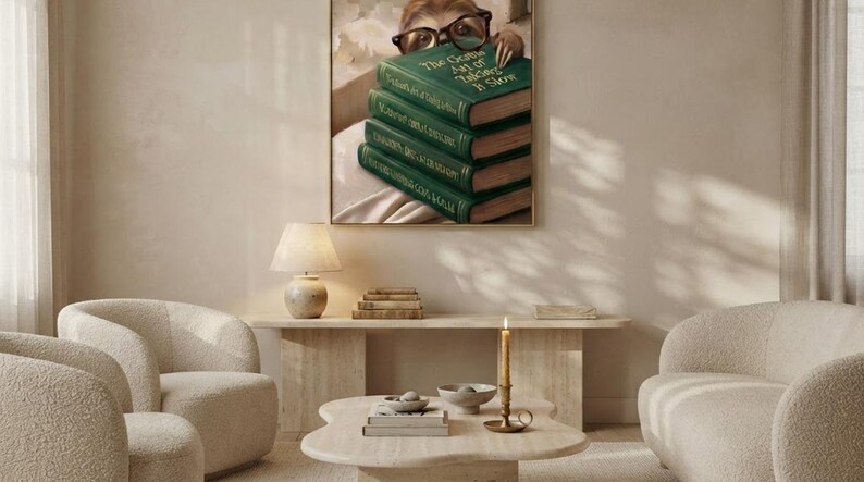 Wide view of a neutral living room with the sloth peeking over books print framed above a low sofa in soft daylight