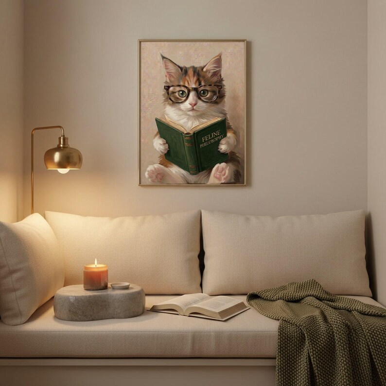 Painterly print of a calico kitten in round tortoiseshell glasses reading a green book framed above a cushioned window seat with a lit candle and a folded knit throw