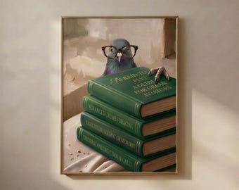 Duif die over boeken heen gluurt | Grappige muurdecoratie met boekenthema | Printbare digitale download voor een leeshoekje