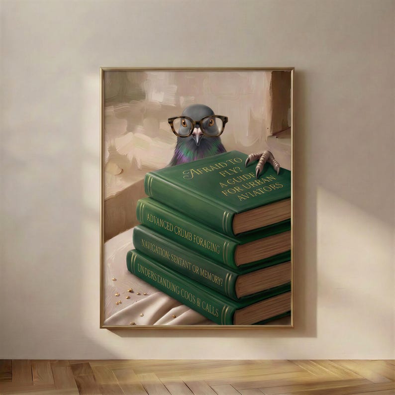 Painterly print of a grey pigeon with iridescent green-purple neck feathers and round glasses peeking over a stack of books titled Afraid to Fly?, framed on a warm plaster wall