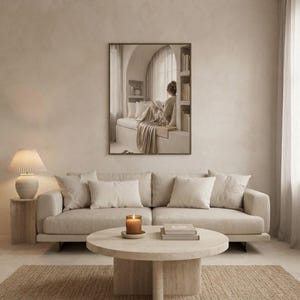 The permission to breathe print framed as the focal point of a calm neutral interior. neutral printable wall art, minimalist home decor, Japandi style, calm living room and bedroom decor, slow living digital download.