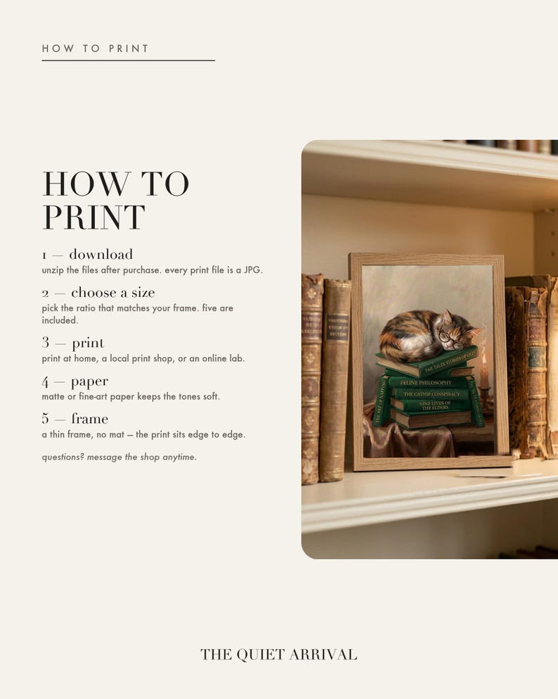 How to print card: download and unzip, choose the ratio that fits your frame, print at home or at a print shop, and framing and paper tips.