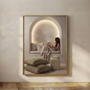 Alcove Reading print in a gold frame: a woman reading beneath a glowing plaster arch, wrapped in a satin throw, with floor cushions and a stack of books beside her.