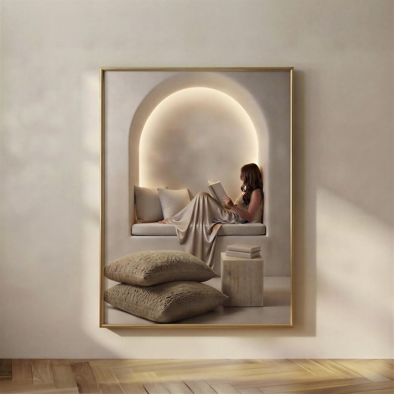 Alcove Reading print in a gold frame: a woman reading beneath a glowing plaster arch, wrapped in a satin throw, with floor cushions and a stack of books beside her.