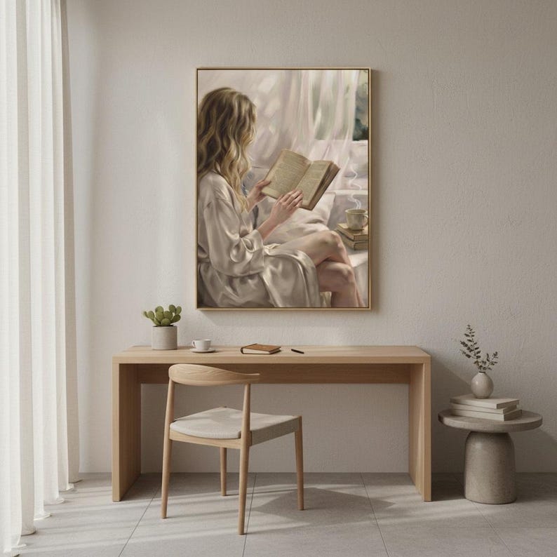 Minimal oak desk and chair against a pale wall with the woman reading print hanging in a slim gold frame above