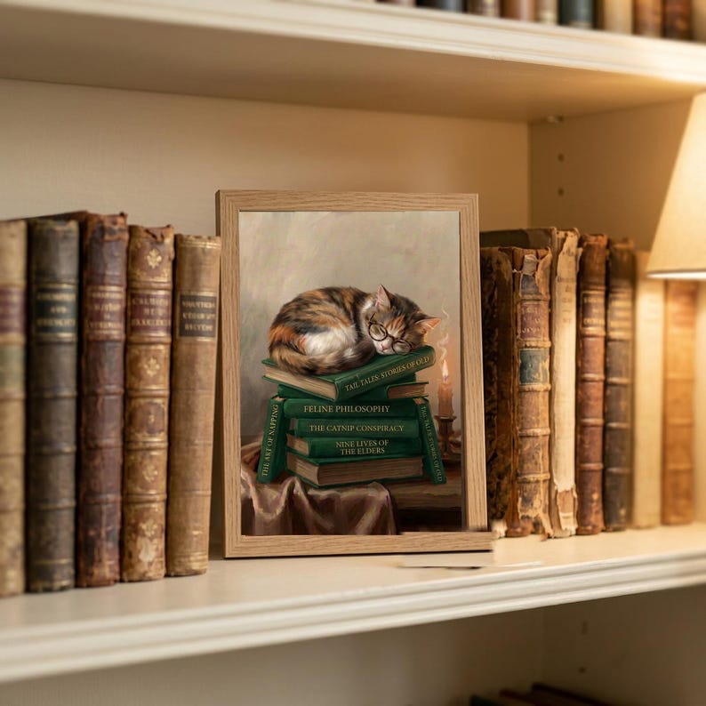 Framed illustration of a calico cat asleep in round glasses on a stack of dark green books, standing on a cream bookshelf beside worn antique leather books and a warm lamp.