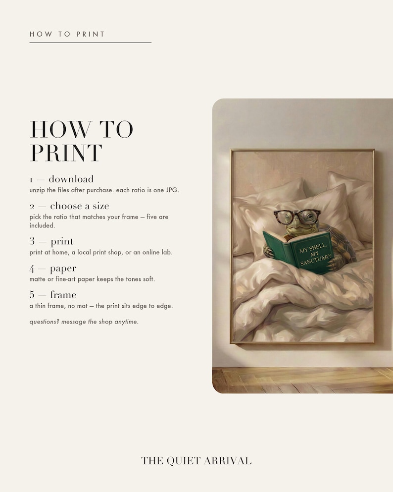 Five step guide to downloading, choosing a size, printing and framing this digital art print