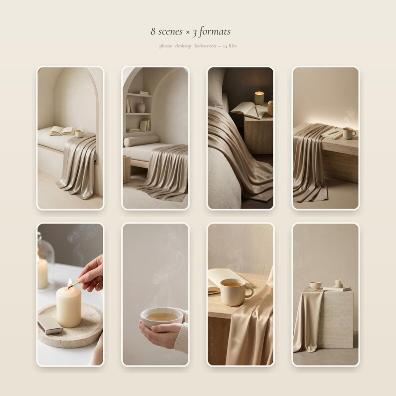 Lock screen preview of a cozy neutral wallpaper on an iPhone with app icons.