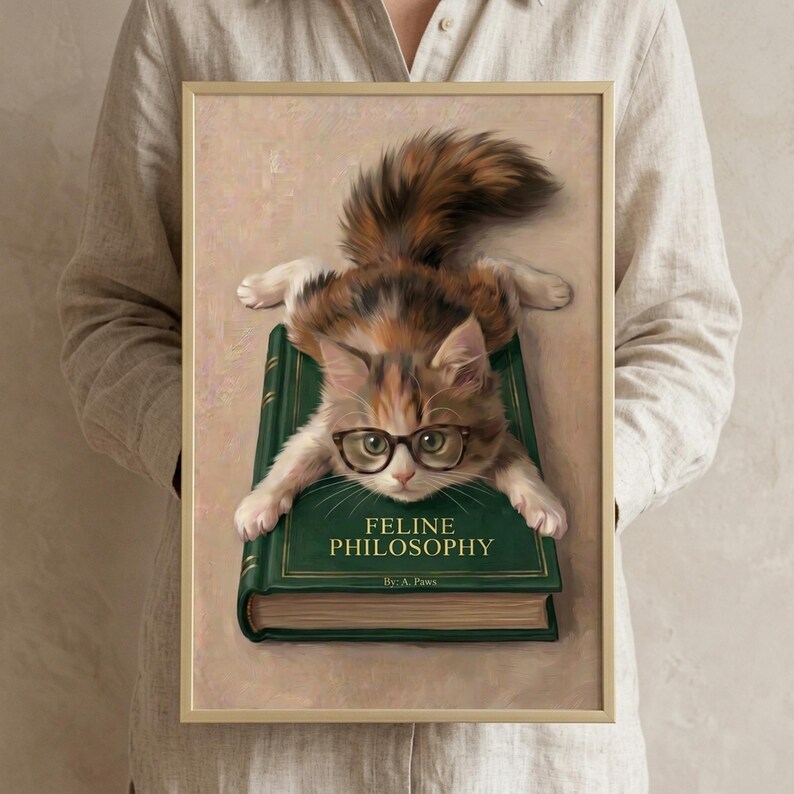 A person in a linen shirt holding the calico kitten wall art print in a slim gold frame against a soft neutral background
