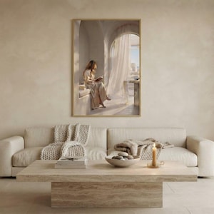 The you can stay here print framed as the focal point of a calm neutral interior. neutral printable wall art, minimalist home decor, Japandi style, calm living room and bedroom decor, slow living digital download.