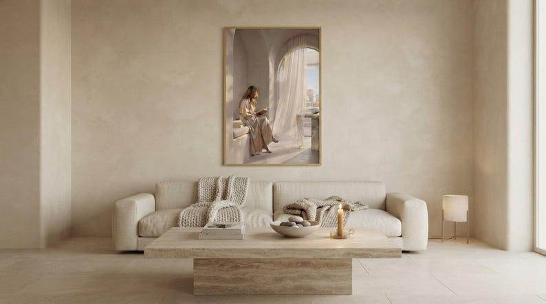 The you can stay here print framed as the focal point of a calm neutral interior. neutral printable wall art, minimalist home decor, Japandi style, calm living room and bedroom decor, slow living digital download.