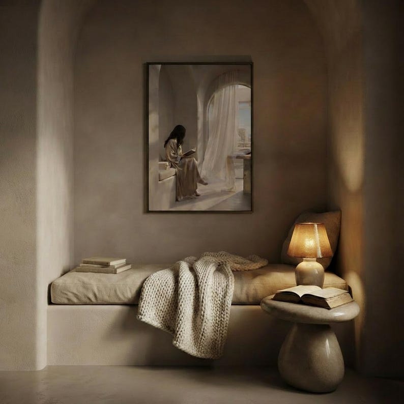 The soft hours print framed as the focal point of a calm neutral interior. neutral printable wall art, minimalist home decor, Japandi style, calm living room and bedroom decor, slow living digital download.