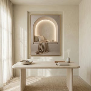 Neutral reading nook art in a restrained workspace with pale walls, natural linen textures, and a thin gold frame, no mat.