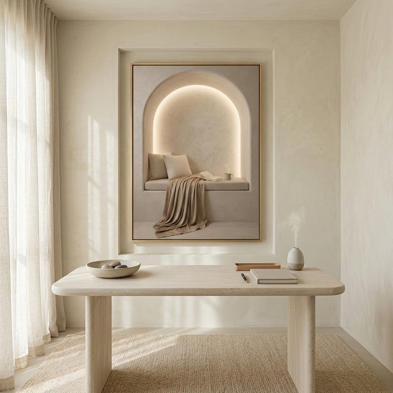 Neutral reading nook art in a restrained workspace with pale walls, natural linen textures, and a thin gold frame, no mat.