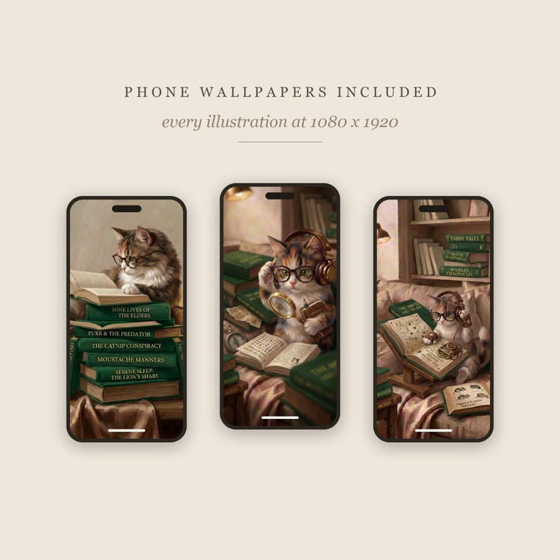 Three phone screens showing cat reading illustrations as wallpapers, each a calico cat in glasses with green books, above a note that every illustration is 1080 by 1920 pixels.