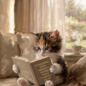 Close-up detail of the painterly kitten reading print showing the round glasses, the gold lettering on the book Regulating Your Nervous System For A Purrfect Meow, and the cat's white paws