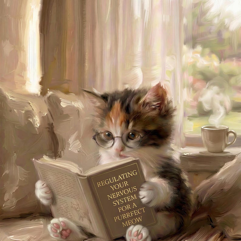 Close-up detail of the painterly kitten reading print showing the round glasses, the gold lettering on the book Regulating Your Nervous System For A Purrfect Meow, and the cat's white paws