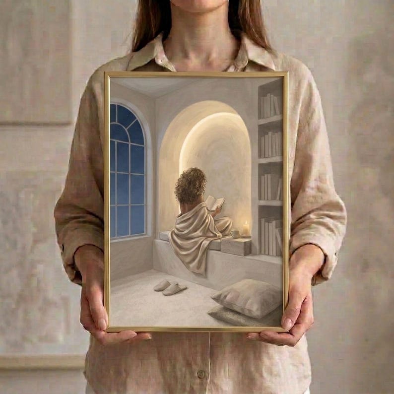 Person holding a framed neutral woman reading nook wall art print in a thin gold frame with no mat, showing the arched reading niche, draped linen, and warm beige tones.