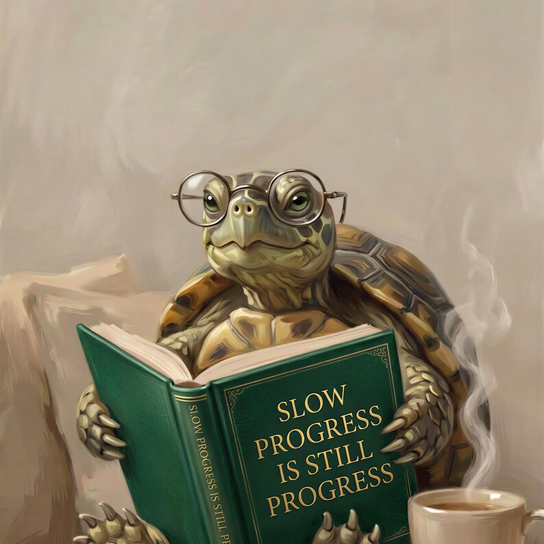 Close-up detail of the tortoise reading print showing the round glasses, the gold lettering on the green book Slow Progress Is Still Progress, and the clawed feet